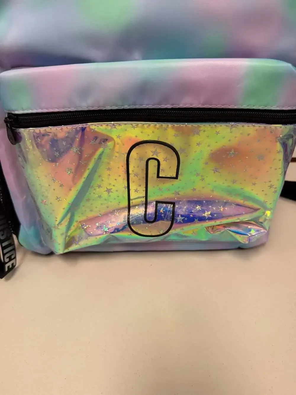 Justice Initial 'C' Pastel Tie-Dye Backpack with Iridescent Pocket NWT